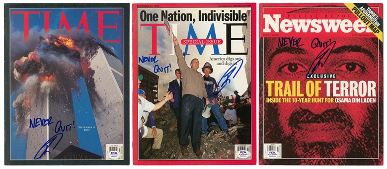 Lot of (3) U.S Navy Seal Robert J. ONeill Signed & Inscribed "Never Quit" TIME Magazine, Newsweek Magazine, & TIME Special Issue Magazine (PSA/DNA)